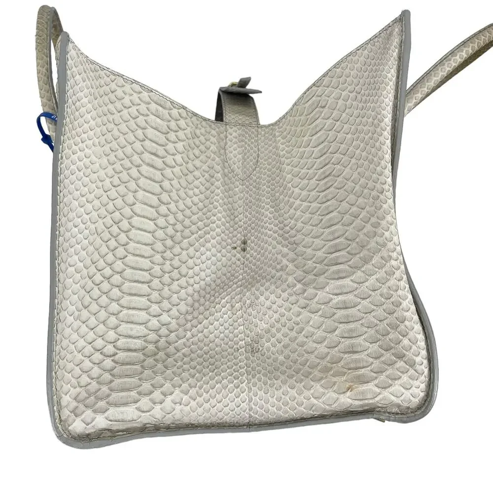 Celine Light Beige Python Embossed Leather Tote with Blue Accent
